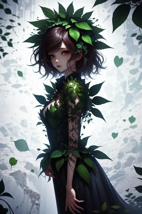<lora:wrenchleafloom:0.8> wrenchleafloom, gown, leaf, 1 woman, dress, vegetation,, <lora:LCM_LoRA_Weights_SD15:1>