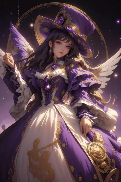 ultra detailed, sharp focus, best quality, masterpiece, colorful, <lora:wrenchrococodome:0.75> , <lora:wrenchsmechs:0.85> , wrenchrococodome, 1 girl, dutch angle, purple dress, glowing, purple mecha, halo, mechanical wings, long hair, hat, beautiful face, holding an orb, cosmos background, embroidery, best quality, masterpiece, intricate details
