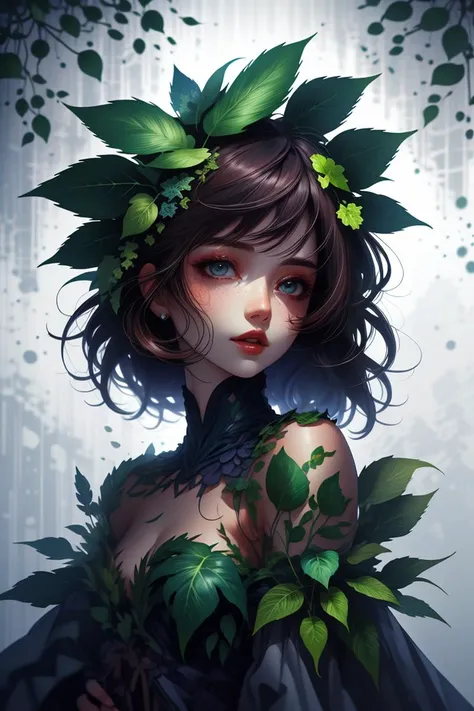 (Rough Digital Artwork:1.3) of (Detailed illustration:1.3) <lora:wrenchleafloom:0.8> wrenchleafloom, gown, leaf, 1 woman, dress, vegetation,CGSociety,ArtStation,(close portrait:1.3),(Feminine:1.4),(beautiful:1.4),(attractive:1.3),handsome,calendar pose,perfectly detailed eyes,studio lighting,thematic background, <lora:LCM_LoRA_Weights_SD15:1>