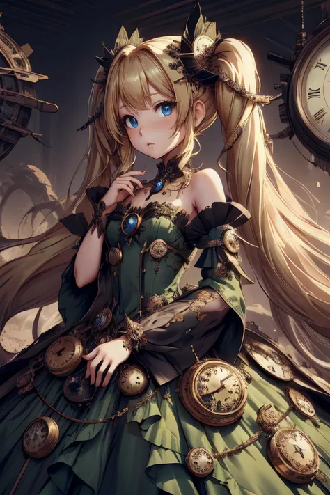 <lora:wrenchclockworkcharm:0.8> wrenchclockworkcharm, gown, green dress, very long hair, blond hair, twin tails, hands on cheeks, blue eyes