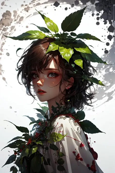 (Imitated Professional 3D rendering:1.3) of (Cel shaded:1.3) <lora:wrenchleafloom:0.8> wrenchleafloom, gown, leaf, 1 woman, dress, vegetation, colorful, clouds, flames,,CGSociety,ArtStation,(Cold Colors:1.3),(close portrait:1.3),(Feminine:1.4),(beautiful:1.4),(attractive:1.3),handsome,calendar pose,perfectly detailed eyes,studio lighting,thematic background