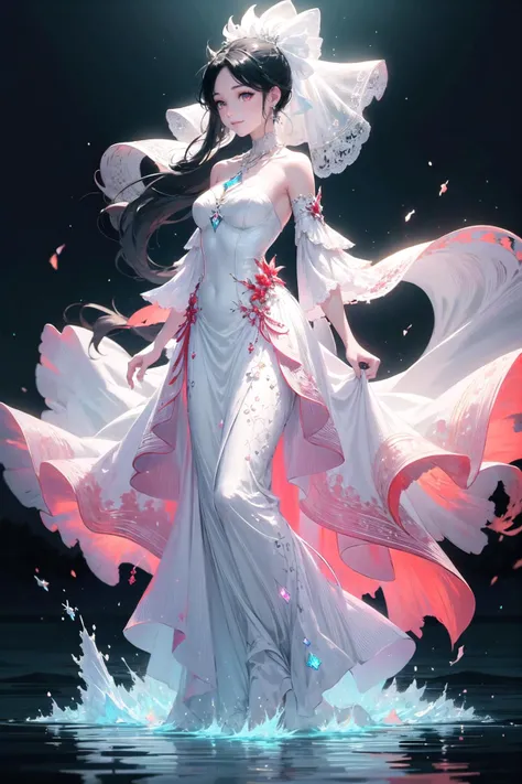 <lora:wrenchfaeflare:1>, wrenchfaeflare, glowing, 1girl, embroidery, accessories, necklace, earrings, geometric pattern, white theme, white dress, light smile, black hair, high ponytail, veil, red eyes, reflection, water, gem, long hair, floating hair,
