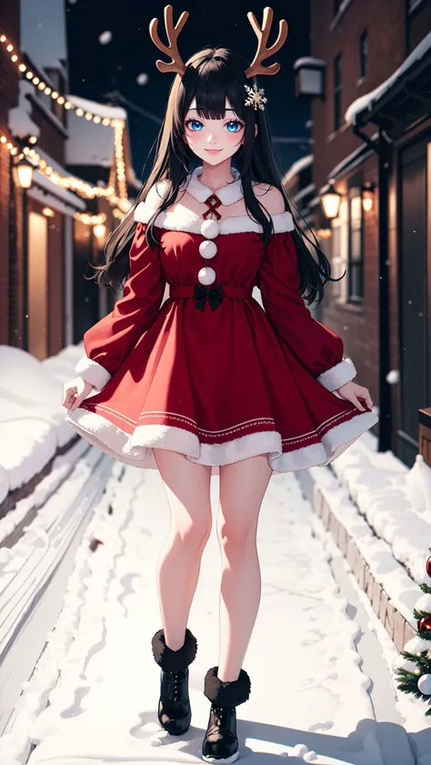 ultra detailed, sharp focus, best quality, masterpiece, pastel colors, dynamic lighting, <lora:Shiba MiyukiV1:0.8>, siboshenxie,1girl,black hair,long hair,solo,blunt bangs,snowflake hair ornament,yellow x hair ornament,black eyes,blue eyes, (blush), smile, <lora:add_detail:0.8>, (full body), BREAK, <lora:wrenchsjoyfuljingle:1>, wrenchsjoyfuljingle, gown, reindeer antlers, jewelry, red dress, christmas lights, christmas wreath, snowing,