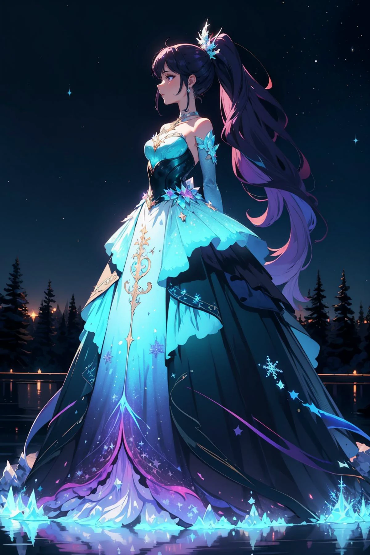 masterpiece, best quality, <lora:wrenchfaeflare:1.0> wrenchfaeflare, glowing, embroidery, accessories, jewelry, reflection, refraction, green dress, long dress, ballgown, iridescent, night sky, starry sky, star \(sky\), 1girl, purple hair, ponytail, garden, ice rink, winter, filigree, fractal patterns, snowflake pattern