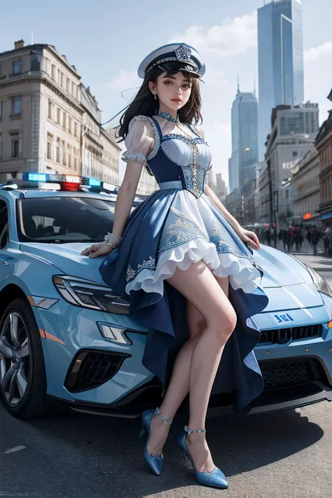 ultra detailed, sharp focus, best quality, masterpiece, colorful, 1 girl, police uniform, police hat, city background, <lora:wrenchlogown:0.65> wrenchlogown, blue dress, white dress, police baton, police car, full body, best quality, masterpiece, intricate details