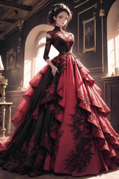 <lora:wrenchelegadome:1>, wrenchelegadome, 1girl, multicolored clothes, red dress, skirt hold,