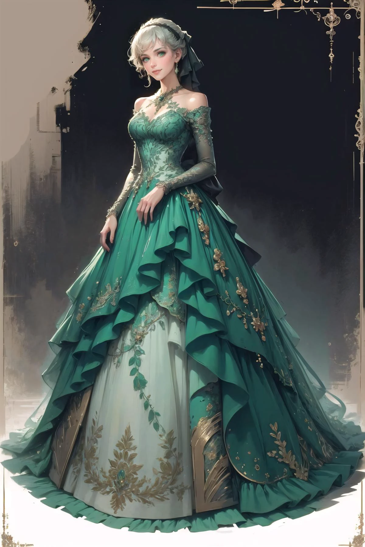 <lora:wrenchelegadome:1>, wrenchelegadome, 1girl, light smile, hair ornament, jewelry, full body, black dress, <lora:elie-nvwls-v2-zero:1>,  elie macdowell, green eyes,hairband, hair ribbon