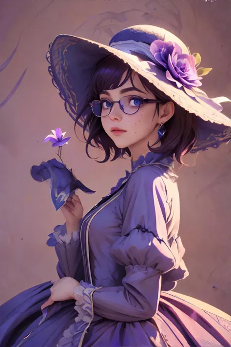 <lora:arcengowns-rococodome:0.7>, wrenchrococodome, hat, hat flower, embroidery, <lora:bzl:0.8>, bzl_test wearing purple gown, short brown hair, (grey|blue) eyes, glasses, (freckles:0.4), simple background || skin, hair, clothing, masterpiece, 8k, high resolution, shallow depth of field, sharp focus