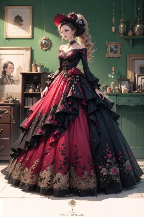 <lora:wrenchelegadome:1>, wrenchelegadome, 1girl, light smile, jewelry, full body, indoors, high ponytail, messy hair, floating hair, multicolored clothes, stole, patterned clothing, hat, red theme,
