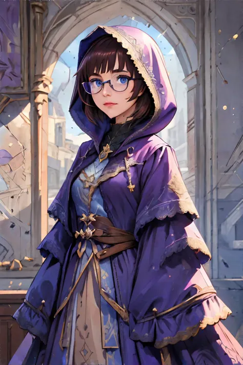 <lora:arcengowns-shadowshroud:0.7>, wrenchshadowshroud, <lora:bzl:0.8>, bzl_test wearing purple gown, short brown hair, (grey|blue) eyes, glasses, (freckles:0.4), simple background || skin, hair, clothing, masterpiece, 8k, high resolution, shallow depth of field, sharp focus