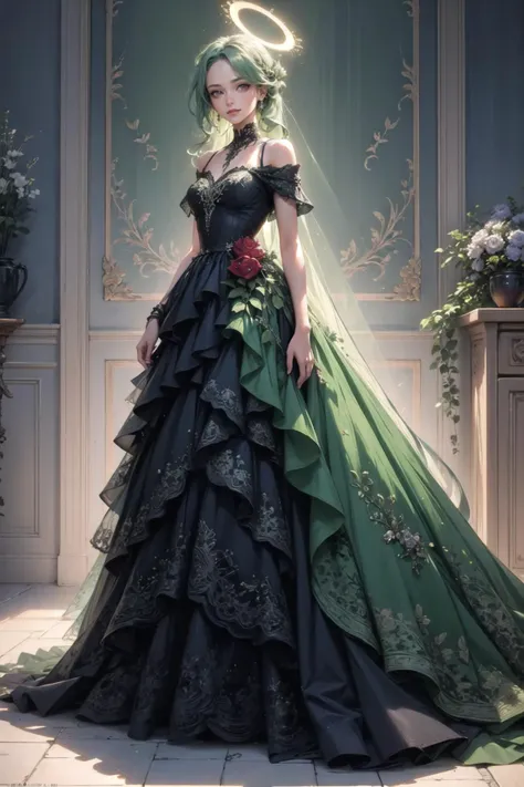 <lora:wrenchelegadome:1>, wrenchelegadome, 1girl, black dress, <lora:BAMina:0.7>, m1na, long hair, green hair, halo, red eyes, braid, hair over one eye, light smile, flower, rose, hair flower, jewelry, high heels,
