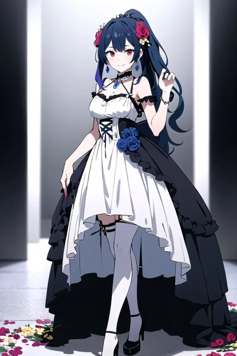 1girl, solo, <lora:wrenchlogown:1>, wrenchlogown, gown (white dress:1.2), multicolored dress, thighhighs, thigh strap, high heels, frills, flower, embroidery, accessories, jewelry, brooch, long hair, high ponytail, hair ornament, hair jewelry, earrings, blue hair, stole, light smile, floral print, standing,