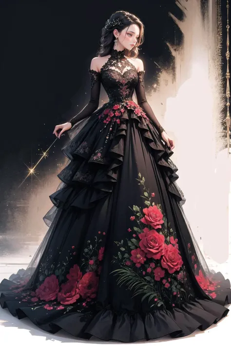<lora:wrenchelegadome:1>, wrenchelegadome, black dress, 1girl, multicolored clothes, red dress, floral print,