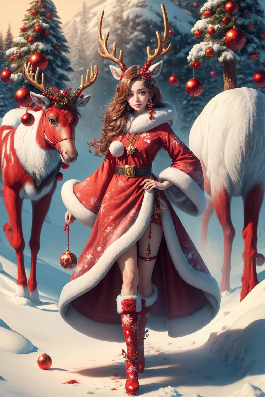 (full body) anthropic furry reindeer beautiful girl wearing Santa clothes, red hat, surrounded by colorful patterns, (reindeer horn) furry, winter, outdoor, snowy jungle, fantasy, extremely detailed and beautiful aesthetic face, 8 k resolution, dramatic lighting ,Layers and layers of thin gemstones, <lora:Sophia-Lillis:0.7> <lora:more_details:0.6> <lora:wrenchsjoyfuljingle:0.6>