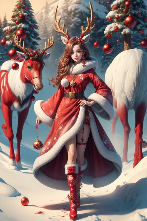 (full body) anthropic furry reindeer beautiful girl wearing Santa clothes, red hat, surrounded by colorful patterns, (reindeer  horn) furry, winter, outdoor, snowy jungle, fantasy, extremely detailed and beautiful aesthetic face, 8 k resolution, dramatic lighting ,Layers and layers of thin gemstones,  <lora:Sophia-Lillis:0.7>  <lora:more_details:0.6> <lora:wrenchsjoyfuljingle:0.6>