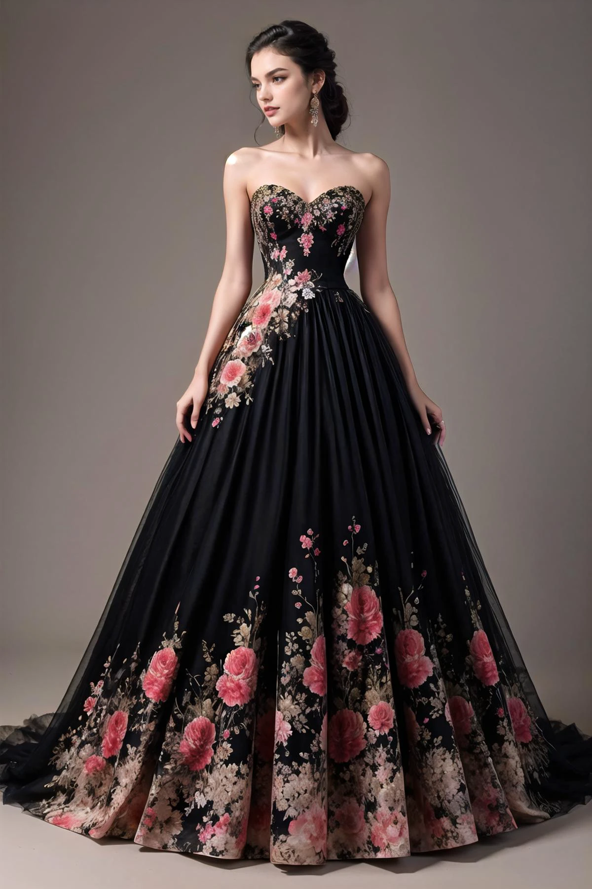 <lora:wrenchelegadome:1>, wrenchelegadome, black dress, 1girl, multicolored clothes, red dress, floral print,