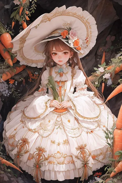 ultra detailed, sharp focus, best quality, masterpiece, colorful, 1 girl, rabbit girl, cave background, carrots,  <lora:wrenchrococodome:1> wrenchrococodome, white dress, hat, hat flower, full body, best quality, masterpiece, intricate details