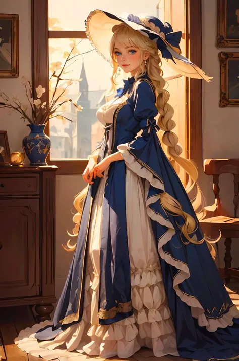 ultra detailed, masterpiece, best quality, solo, soft smile, light smile, 1girl, blue eyes, very long hair, blonde hair, long blonde hair, french braid, bangs, medium breasts, hair ribbon,
<lora:wrenchrococodome:1> wrenchrococodome, grey dress, hat, hat flower, full body,