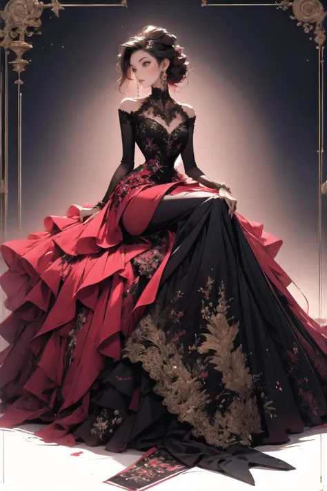 <lora:wrenchelegadome:1>, wrenchelegadome, 1girl, multicolored clothes, red dress, sitting, detailed face,