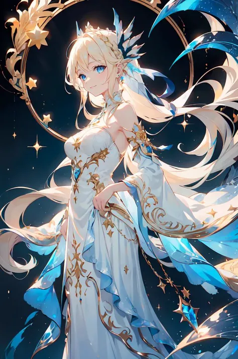 ultra detailed, masterpiece, best quality, solo, soft smile, light smile,
1girl, blue eyes, very long hair, blonde hair, long blonde hair, french braid, bangs, medium breasts,
hair ribbon, <lora:wrenchfaeflare:1> wrenchfaeflare, glowing, embroidery, accessories, jewelry, reflection, refraction, white dress, argyle, pattern, crystals, magic crystal, night sky, starry sky, star \(sky\), white and blue theme,