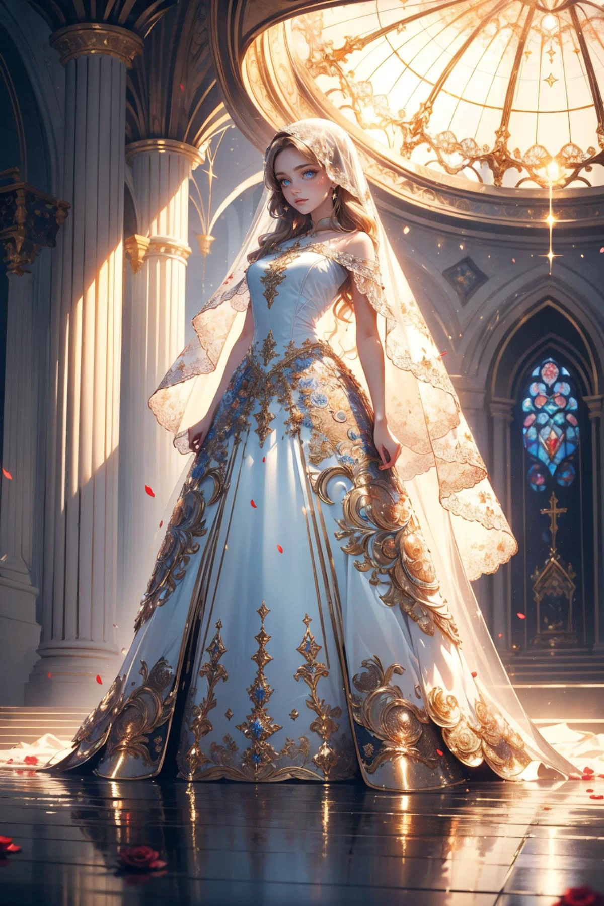 (masterpiece:1.2), (best quality), (detailed skin:1.2), (intricate details), (cinematic lighting), (sharp focus), highly detailed, high budget, epic, gorgeous, (finely detailed beautiful eyes, long blonde hair:1.2),
1girl, dynamic angle, looking at viewer, wonderful woman, most beautiful, star of the night, glow, glowing, sparkle, sparkling, glitter, <lora:wrenchrosettebloom:0.7> wrenchrosettebloom, full body, <lora:mirrornun-noise:0.4> mirrornun, transparent veil, sacred church background