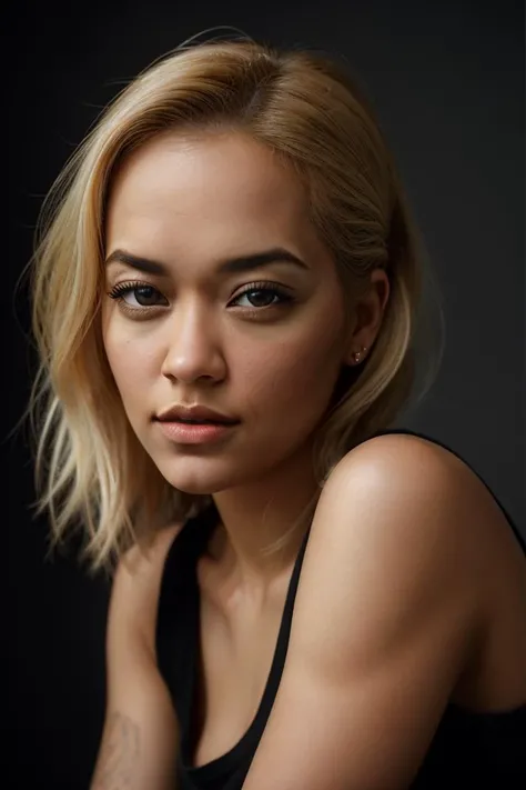 editorial portrait of a woman,(ritaora_ti_v1-4900:0.99), blonde bleached hair, (brown eyes:1.1),Masterpiece, absurdres, award winning photo of candices, wearing a tshirt,extremely detailed, amazing, fine detail, extremely detailed eyes and face, by lee jeffries, nikon d850, film stock photograph, 4 kodak portra 400 camera, f1.6 lens, rich colors, hyper realistic, lifelike texture, dramatic lighting, unrealengine, trending on artstation, cinestill 800 tungsten, beautiful woman