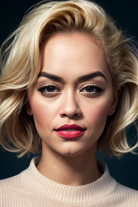 professional portrait photo of a woman, ritaora_ti_v1-4900,( short blonde bleached hair:1.1), (brown eyes:1.1),Masterpiece,red lipstick, absurdres, award winning photo of candices, smiling,wearing a pastel sweater,extremely detailed, amazing, fine detail, extremely detailed eyes and face, by lee jeffries, nikon d850, film stock photograph, 4 kodak portra 400 camera, f1.6 lens, rich colors, hyper realistic, lifelike texture, dramatic lighting, trending on artstation, cinestill 800 tungsten, beautiful woman,