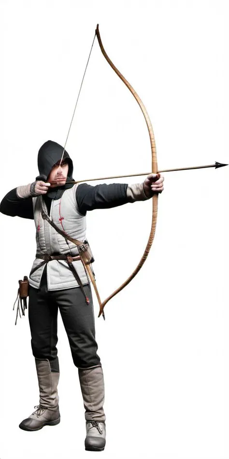 long bow, solo, short hair, simple background, black hair, long sleeves, 1boy, white background, holding, full body, weapon, male focus, shoes, pants, hood, holding weapon, hoodie, black pants, white footwear, sneakers, bow \(weapon\), arrow \(projectile\), holding bow \(weapon\), aiming, holding arrow, drawing bow in the style of <lora:bow01_xl:1>