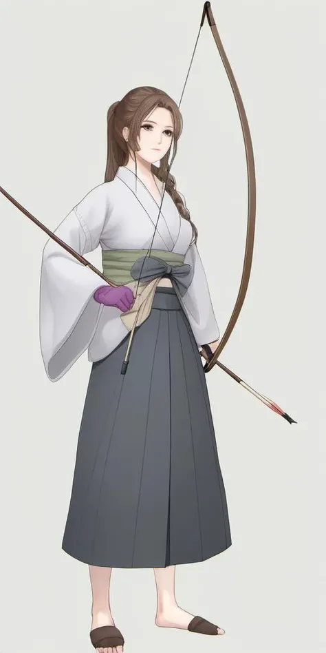 Bow, Japanese, kyudo, yumi, portrait photo of 1person, skirt, brown hair, gloves, holding, standing, full body, ponytail, weapon, single glove, bow \(weapon\), partially fingerless gloves, arrow \(projectile\), holding bow \(weapon\), aiming, drawing bow, archery, in the style of <lora:bow01_xl:1>