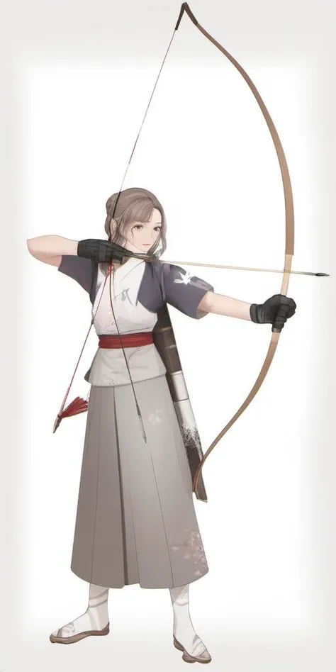 Bow, Japanese, kyudo, yumi, portrait photo of 1person,  skirt, brown hair, gloves, holding, standing, full body, ponytail, weapon, single glove, bow \(weapon\), partially fingerless gloves, arrow \(projectile\), holding bow \(weapon\), aiming, drawing bow, archery, in the style of  <lora:bow01_xl:1>