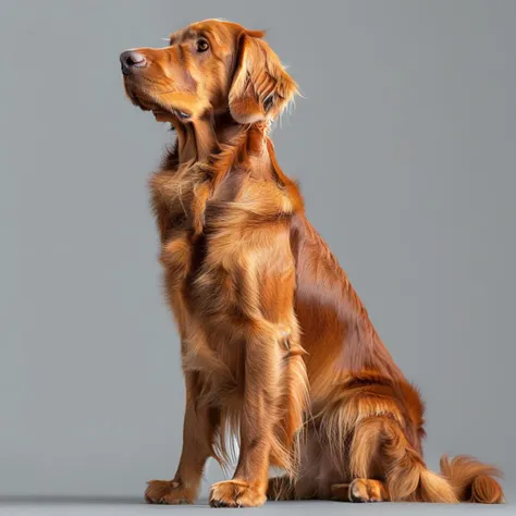 from side, whiskers, full body, no humans, sitting, animal, dog, solo, grey background, brown eyes