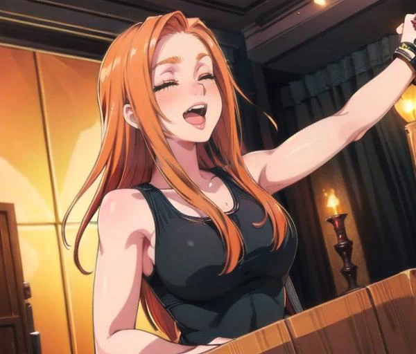 a photo of lara loft, orange hair, open mouth, closed eyes, singing in studio, magic, (8k, RAW photo, best quality, masterpiece:1.2),ultra-detailed, (high detailed skin:1.2), 8k uhd, dslr, soft lighting, high quality, <lora:Lara_Loft_v2:0.8> <lora:Model-EX_Enhancer:1>
