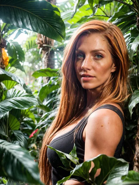Side view, Art in the Alex Horley style, slender and athletic woman of short stature, full body, slightly pointed ears, dark brown skin, reddish gradient red hair like flames of fire, wearing leather decorated with teeth and feathers, hidden among branches and leaves, bush, Ultra HD images of Amazon rainforest scenery in 4K.