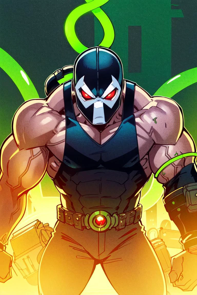 (masterpiece, best quality:1.2),intricate details, portrait, top torso<lora:LilandavastyleV2:0.75> lilandavastyle, 1boy, clenched hands, black white mask, green thick veins, green glowing tubes on arm and head, extremely large muscular man, red glowing eyes, gloves, black tank top, pants, boots, armor <lora:BaneDcComicsLora:0.85>
