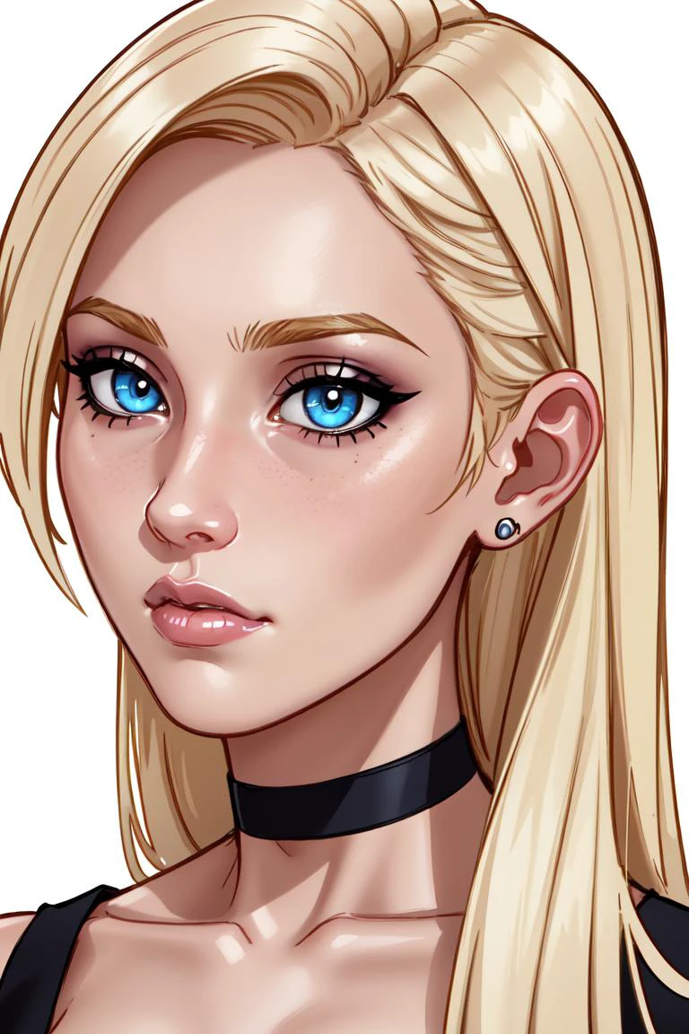 (masterpiece, best quality:1.2),intricate details, (solo:1.2), portrait, <lora:LilandavastyleV2:0.75> lilandavastyle, 1girl, young adult female, long hair, blue eyes, blonde hair, choker, lips, closed mouth, makeup, nose, simple background