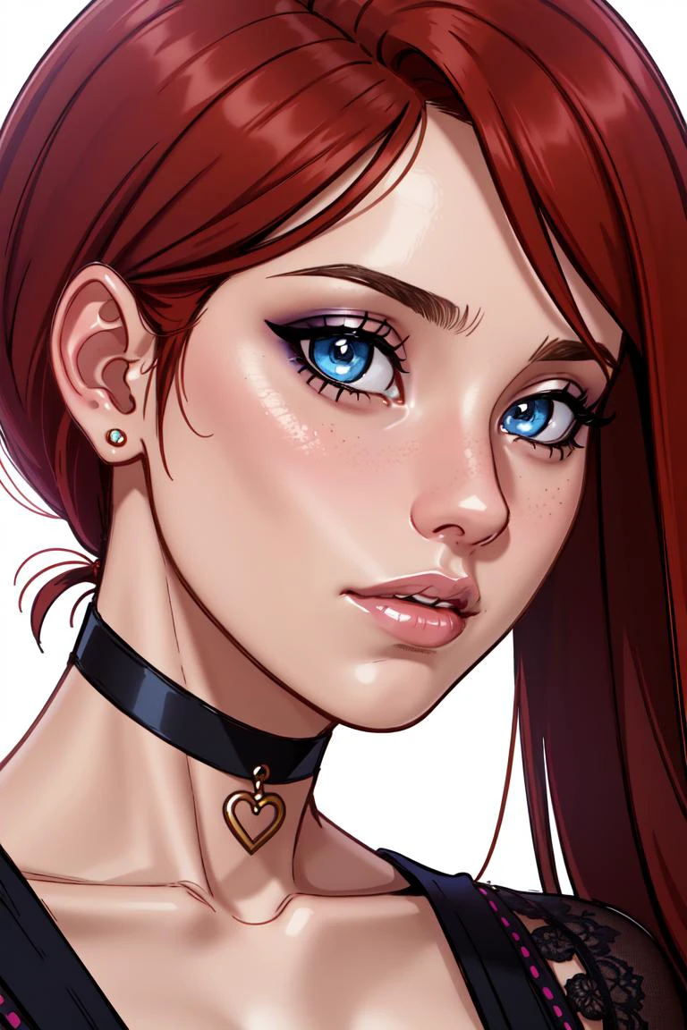 (masterpiece, best quality:1.2),intricate details, (solo:1.2), portrait, <lora:LilandavastyleV2:0.75> lilandavastyle, 1girl, young adult female, long hair, blue eyes, red hair, choker, lips, closed mouth, makeup, nose, simple background