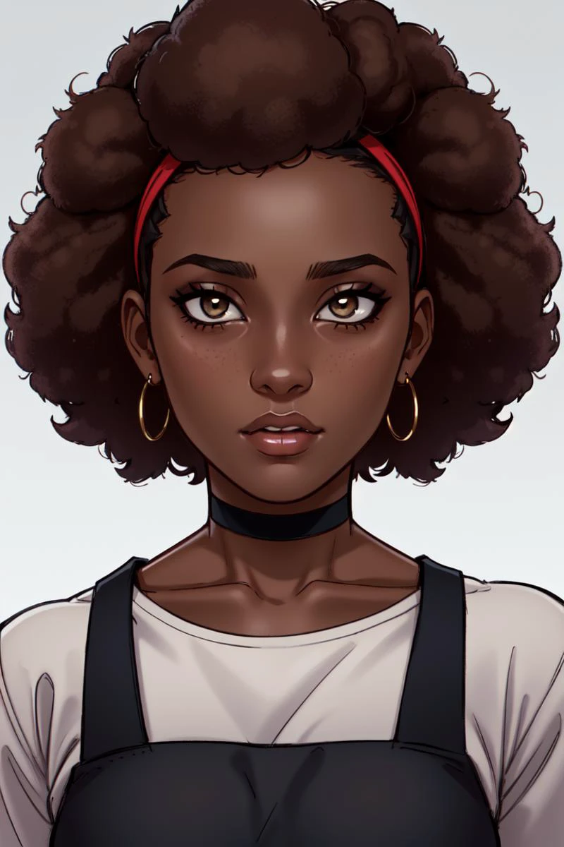 (masterpiece, best quality:1.2),intricate details, (solo:1.2), portrait, <lora:LilandavastyleV2:0.75> lilandavastyle, 1girl, young adult female, long hair, hazel eyes, brown hair, short hair, afro puff, choker, lips, closed mouth, makeup, nose, simple background, (Dark-skinned female), very dark skin