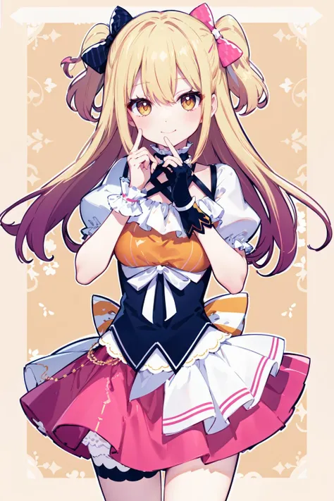 pmarusama, pmaru default, hair bow, long hair, two side up, puffy short sleeves, pink skirt, black gloves, dress, underbust, wrist cuffs, white shirt, <lora:p-maru_sama:0.8>, beautiful detailed eyes, smile, patterned background, (blonde hair:0.9), closed mouth, thighs, portrait,