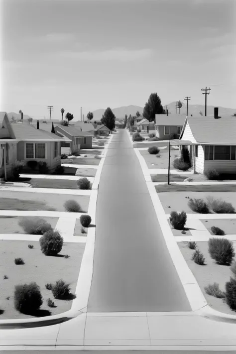 <lora:Robert Adams Style:1>Robert Adams Style - a 1940s american suburb in a dry climate taken with a black and white film camera with a 50mm lens. Single-story houses that are all nearly identical, sidewalks, surrounded