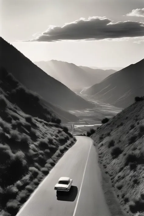 <lora:Robert Adams Style:1>Robert Adams Style - a black and white analogue photograph of a car driving through mountain valleys at sunset you can see layers of mountains in the distance