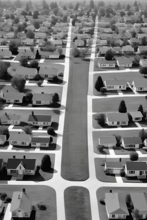 <lora:Robert Adams Style:1>Robert Adams Style - enter a 1960s suburban realm trapped in monochromatic stillness. Rows of cookie-cutter houses stand, their gray facades blending into a lifeless landscape. Uniformity suffocates individuality in this colorless void. Gray lawns and a perpetually overcast sky mirror the town's lackluster spirit. Amidst this grayscale existence
