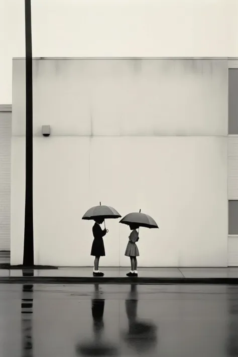 <lora:Robert Adams Style:1>Robert Adams Style - Lewis Baltz style. A girl holds an umbrella on a rainy day