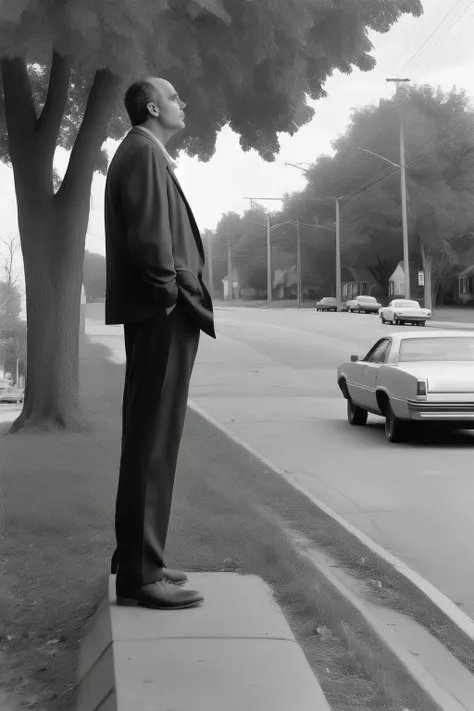 <lora:Robert Adams Style:1>Robert Adams Style - black and white photo, on amty road, man around 45, in profile, black oversized shoes, watching to a super lage walnut
