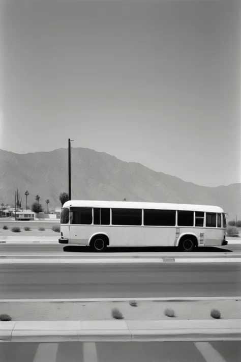 <lora:Robert Adams Style:1>Robert Adams Style - bus by Edward Ruscha, shot on hasselblad xpan with Tri-x 400