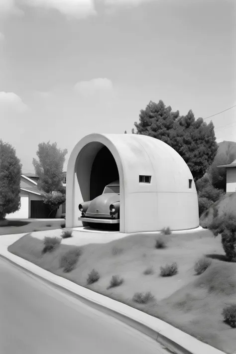 <lora:Robert Adams Style:1>Robert Adams Style - old black and white photo circa 1950 of a small windowless very roughly pored concrete home in the minimalist Brutalist style of architecture shaped like a car engine part in a suburban landscape.