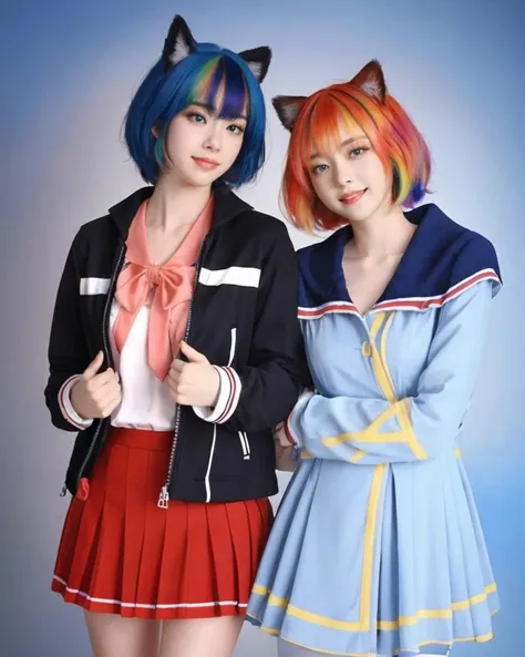 dal, (realistic:1.5), (best quality, masterpiece, intricate detail:1.2), 2girls, animal_ears, bent_over, black_hair, blue_eyes, blue_jacket, cat_ears, claw_pose, collarbone, colored_inner_hair, crossed_arms, eyebrows_visible_through_hair, fang, fur_trim, hair_behind_ear, hand_on_own_knee, highres, jacket, ko_yami, lee_on, momotane, multicolored_hair, multiple_girls, nijisanji, nijisanji_kr, pink_hair, red_jacket, sailor_collar, short_hair, skin_fang, skirt, smile, virtual_youtuber, white_skirt,