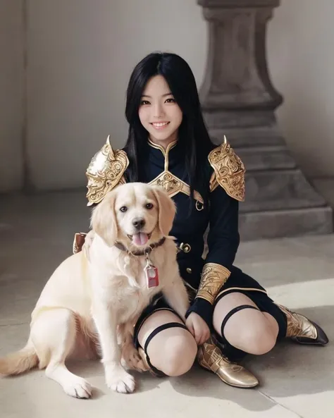 dal, (realistic:1.5), (best quality, masterpiece, intricate detail:1.2), 1boy, armor, barding, black_hair, boots, dog, grin, knee_boots, lambert, long_hair, male_focus, maodaisuke, puppy, repede_(tales), sepia, smile, solo, tales_of_(series), tales_of_vesperia, tales_of_vesperia:_the_first_strike, uniform, white_background, yuri_lowell,