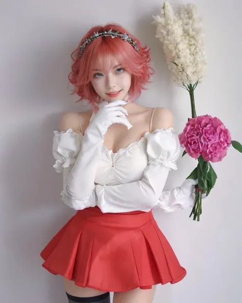 dal, (realistic:1.5), (best quality, masterpiece, intricate detail:1.2), 1girl, bangs, bare_shoulders, blue_eyes, blush, breast_hold, breasts, bright_pupils, cleavage, dress, elbow_gloves, eyebrows_visible_through_hair, flower, gloves, hair_flower, hair_ornament, hairband, large_breasts, long_sleeves, looking_at_viewer, open_mouth, pink_hair, puffy_sleeves, red_skirt, ringed_eyes, short_hair, skirt, smile, tears, thighhighs, wavy_mouth, white_dress, white_gloves, white_pupils, wide_sleeves,