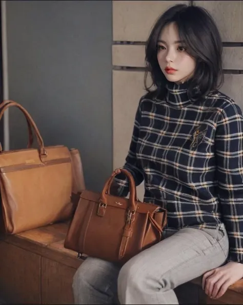 dal, (realistic:1.5), (best quality, masterpiece, intricate detail:1.2), 1girl, 1girl, black eyes, , Plaid blazer, high-waisted trousers, turtleneck sweater, leather pumps, leather tote bag,, , Cigar bar,, [envious expression, jealous, covetous, resentful:0.7],
