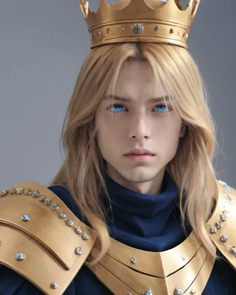 dal, (realistic:1.5), (best quality, masterpiece, intricate detail:1.2), solo, long hair, blue eyes, blonde hair, 1boy, upper body, male focus, armor, facial hair, crown, shoulder armor, pauldrons,